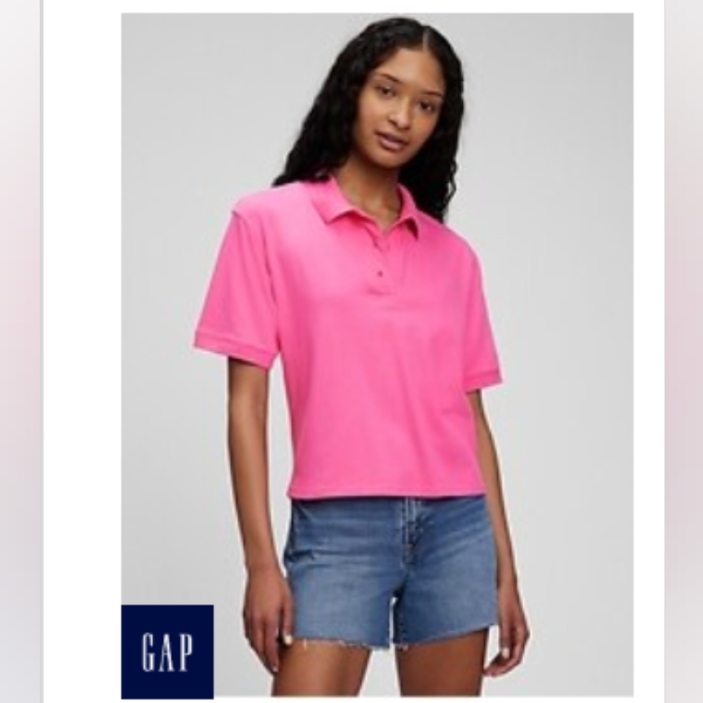 Gap Barbie 🏩 Pink Cropped Pique Polo Collared Shirt Large Tall NWT